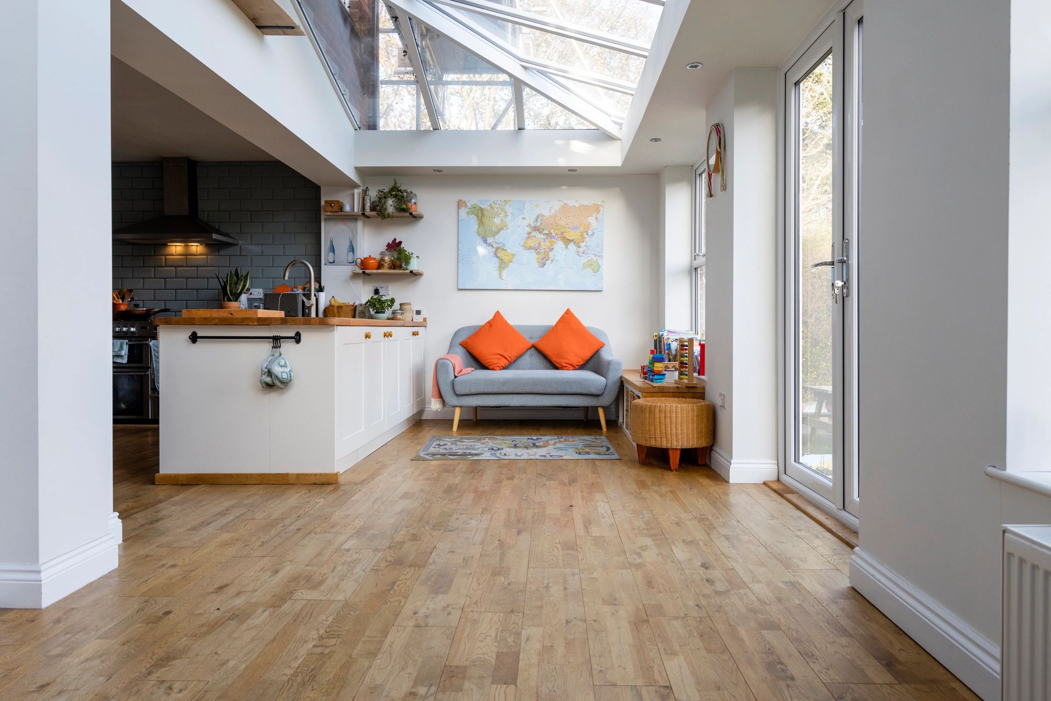 Modern living room with wood-look luxury vinyl plank flooring