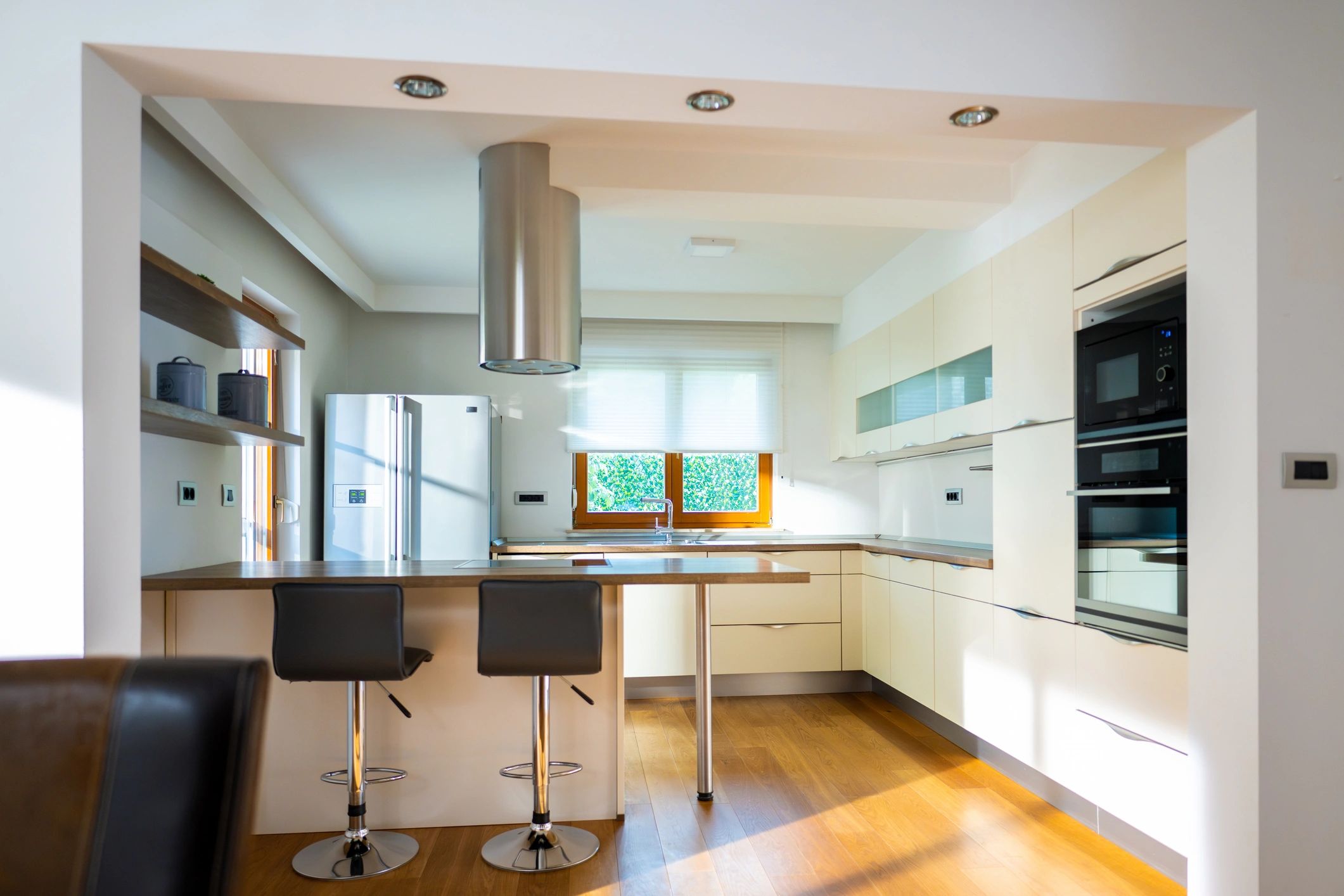 Sunlit kitchen interior with modern finishes