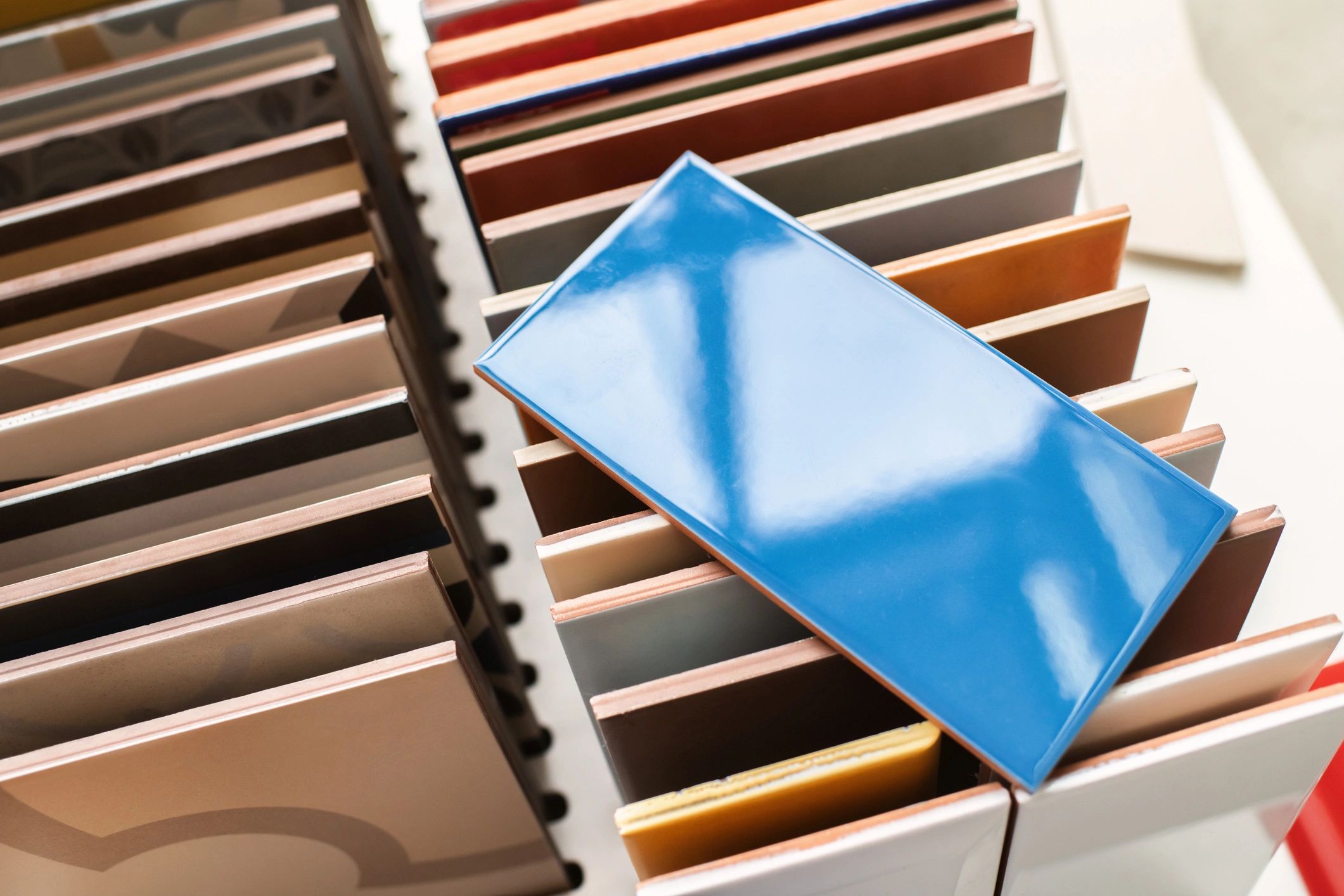 Tile samples displayed in a showroom