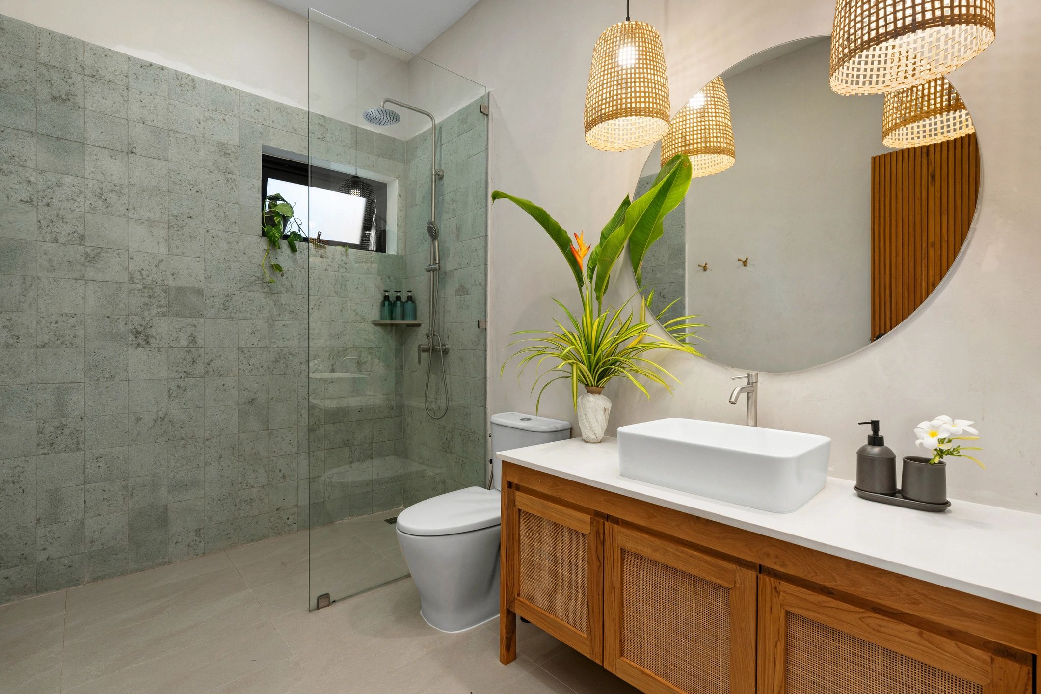 Modern bathroom with porcelain tile floor and walk-in shower